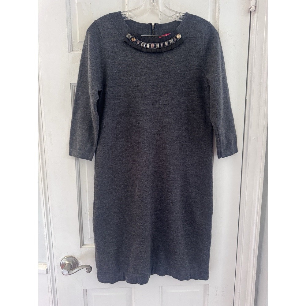 Boden Women's Gray Wool Blend Embellished Sweater Dress 8 Academia Minimalist